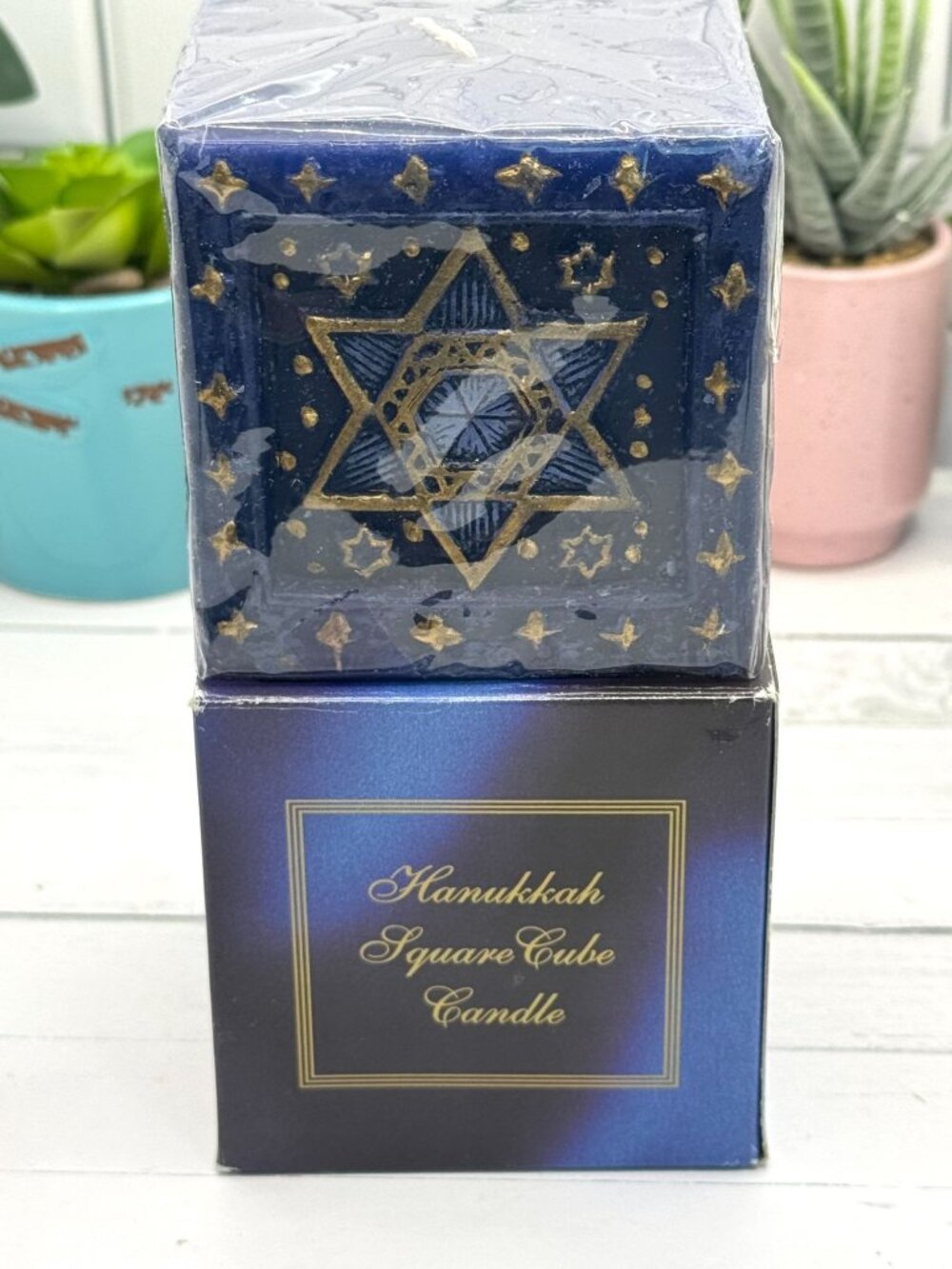 Hanukkah Square Cube Candle With Star Of David & Menorah Design